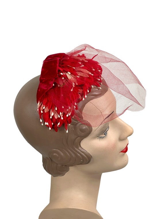 1950s red half hat fascinator with veil Adjustable