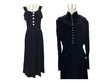 1930s silk velvet black dress and jacket rhinestone buttons Size S