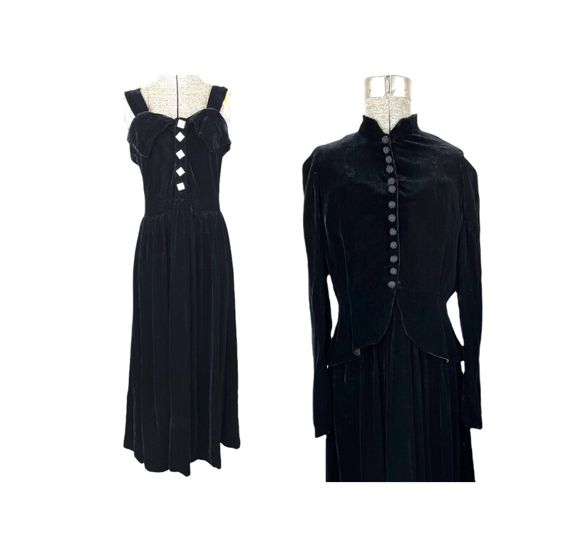 1930s silk velvet black dress and jacket rhinestone buttons Size S image 1