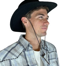 Black Cowboy Hat With Leather Lanyard 