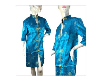 1960s Asian Chinese coat turquoise silk brocade Size M