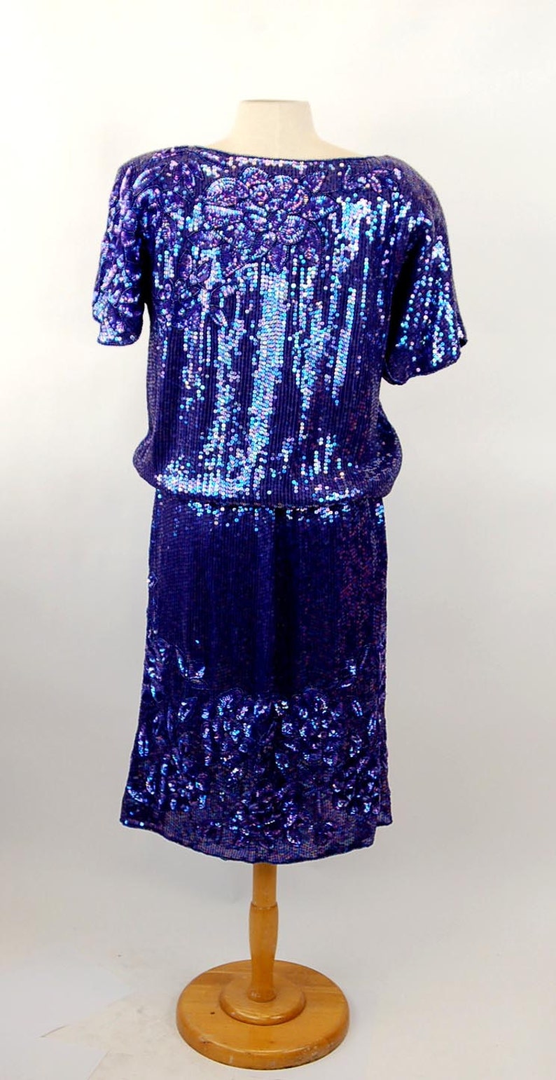 1980s sequin beaded skirt and top purple iridescent Megere silk made in India Size M image 4