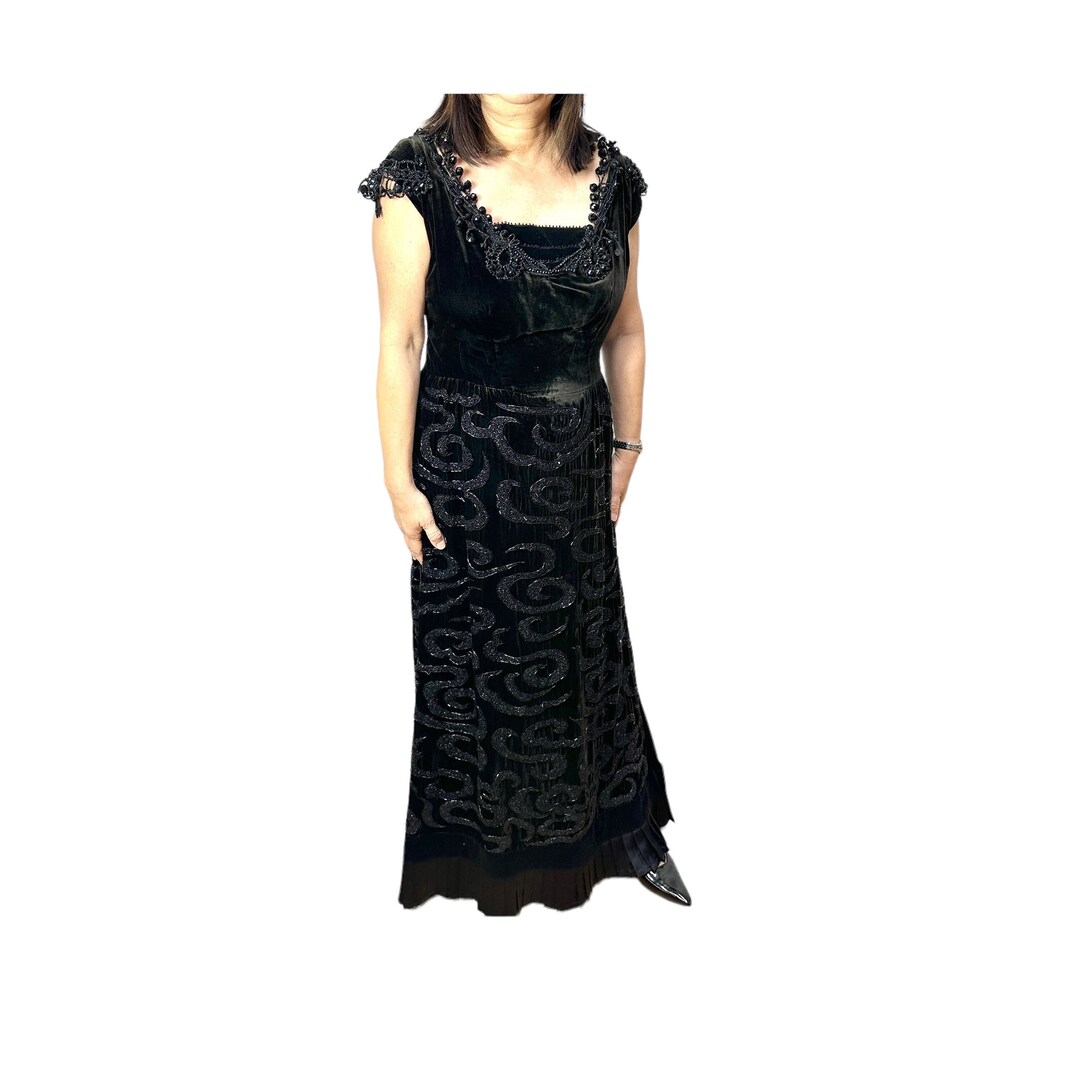 1930s Black Velvet Hand Beaded Gown Mixed Era Formal Dress Size L - Etsy