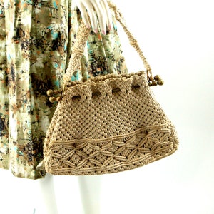 1960s macrame purse handbag brass rod frame intricate design