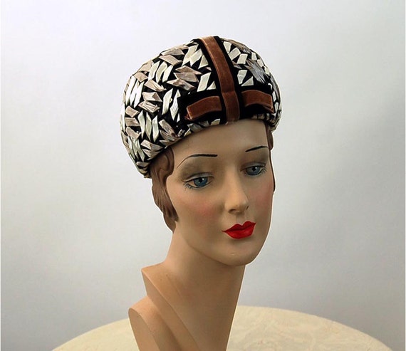 1960s hat pillbox hat raffia straw hat black whit… - image 1