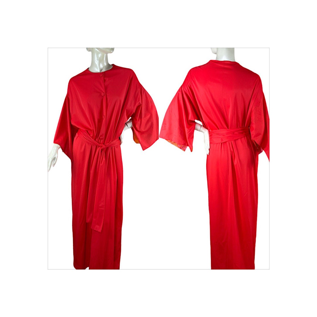 1960s Red Nylon Robe With Contrast Sleeve Lining by Vanity Etsy