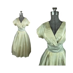 1950s silk organza party dress celery green surplice bodice full skirt Size S