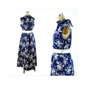 1960s maxi dress turtleneck sleeveless navy blue floral with belt Size L