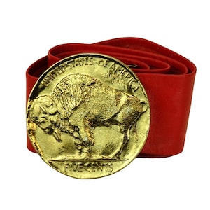 Vintage leather belt with gold Buffalo Nickle buckle red adjustable 1980s Genuine leather cinch belt