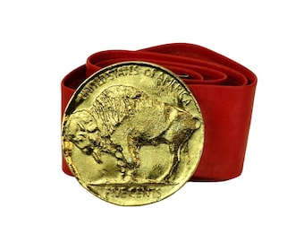 Vintage leather belt with gold Buffalo Nickle buckle red adjustable 1980s Genuine leather cinch belt