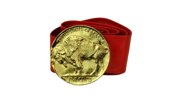 Vintage leather belt with gold Buffalo Nickle buc… - image 1