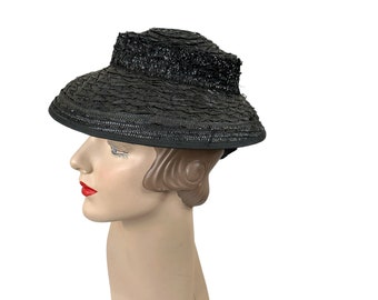 1940s black straw hat by New Your Creations Size 22.5 VFG