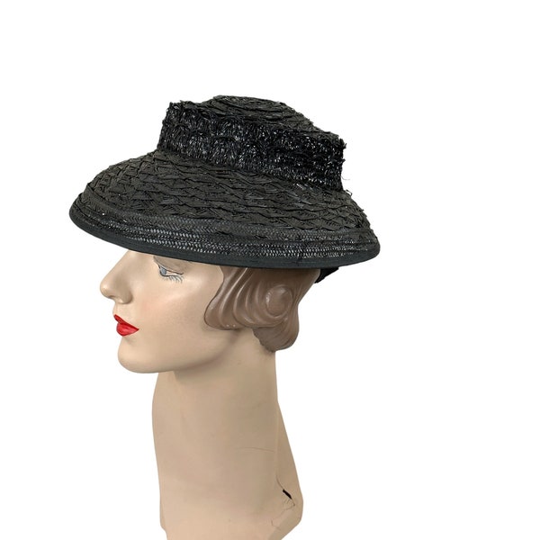 1940s black straw hat by New Your Creations Size 22.5 VFG