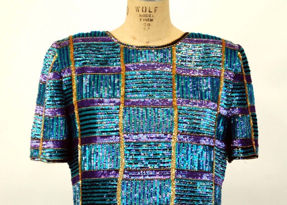 1980s sequin top cocktail top Parisian Room turqu… - image 2