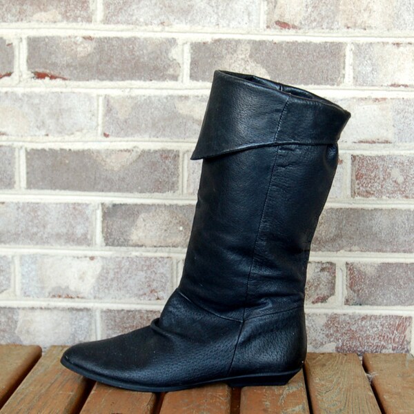 RESERVED FOR BARBARA  1980s boots, slouchy boots, black leather boots, flat boots, pirate boots, cuffed boots, Size 8