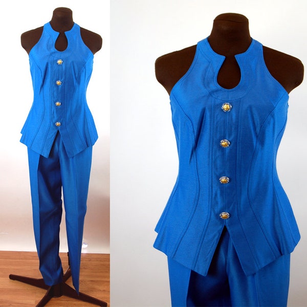 1990s pant suit royal blue tunic and slim pants with key hole bodice by Linda Segal Size 4 Size S
