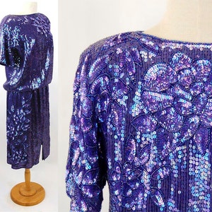 1980s sequin beaded skirt and top purple iridescent Megere silk made in India Size M image 1