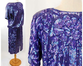 1980s sequin beaded skirt and top purple iridescent Megere silk made in India Size M