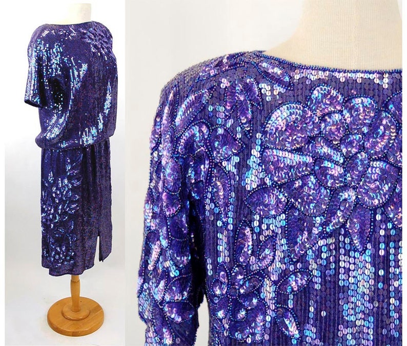 1980s sequin beaded skirt and top purple iridescent Megere silk made in India Size M image 1