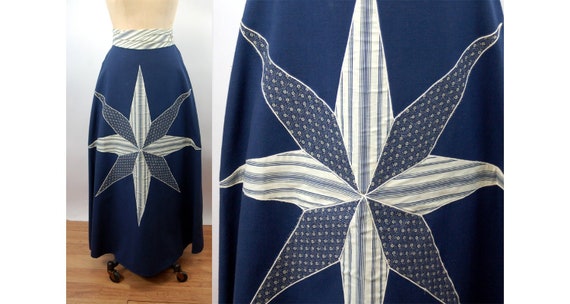 1960s 70s maxi skirt with patchwork star applique