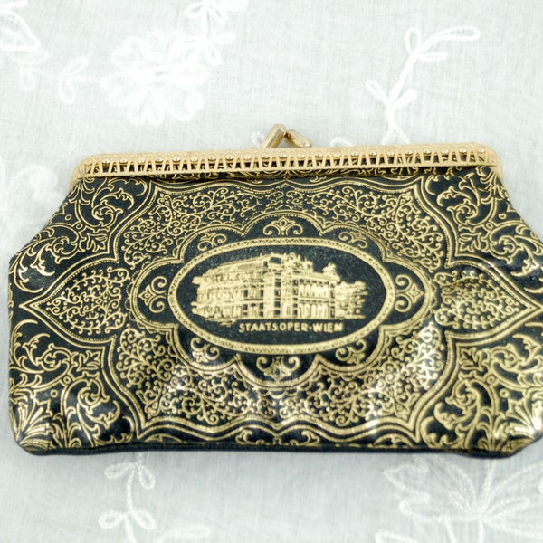 Black Italian Florentine leather clutch purse with gold metallic painting of Vienna Opera House