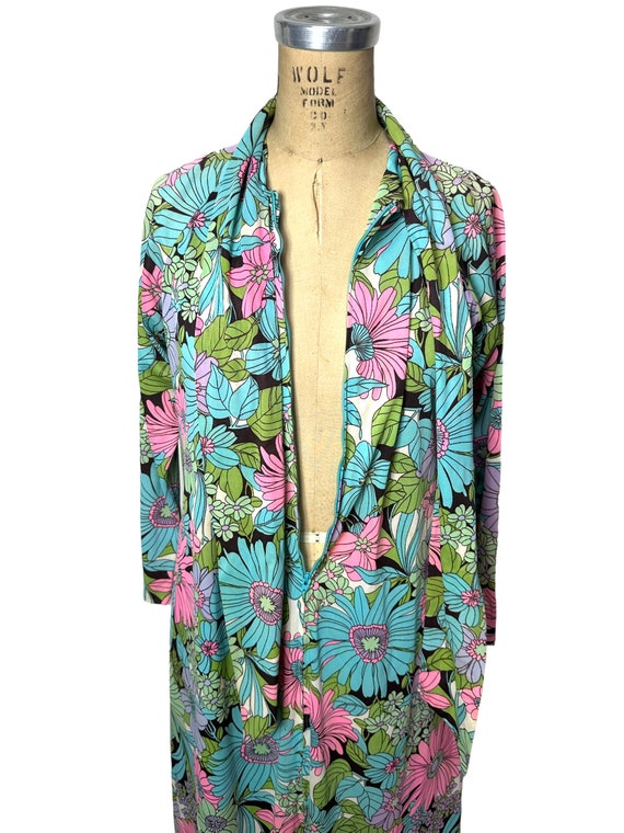 1960s nylon floral flower power maxi dress zip fr… - image 3