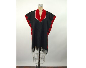 Mayan poncho black red wool Guatamalan coat wrap ethnic poncho One Size