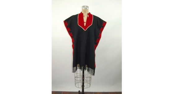 Mayan poncho black red wool Guatamalan coat wrap … - image 1