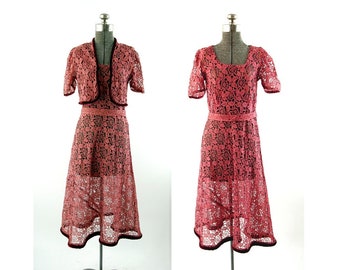 1930s lace dress and bolero rose pink and black with silk velvet trim Size M