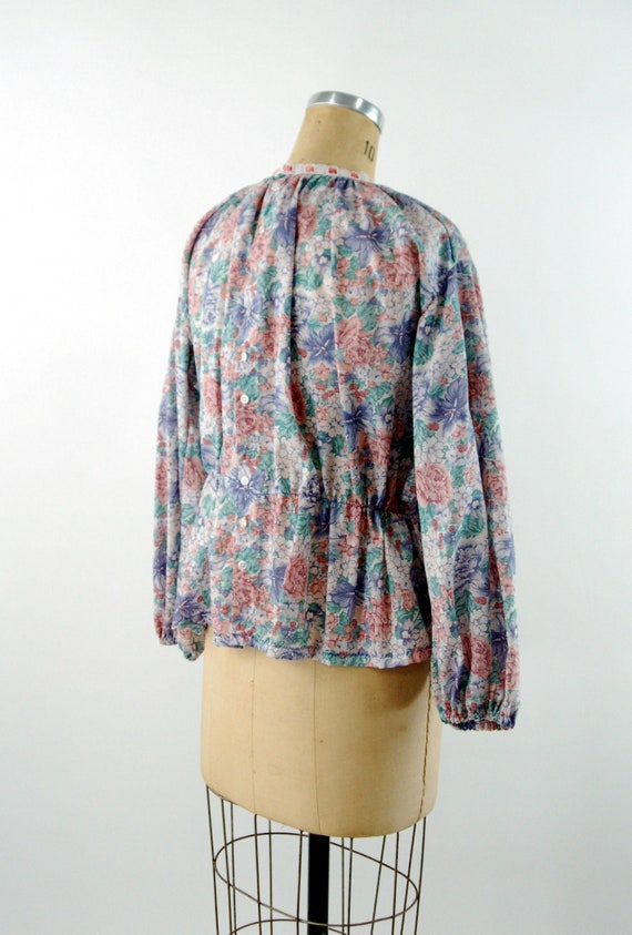 Victorian style blouse floral pink blue high neck… - image 4
