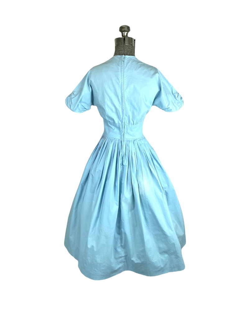 1950s 60s blue cotton pleated dress with lace bib bodice Size S image 5