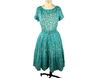 1960s teal floral pleated dress with belt Size M