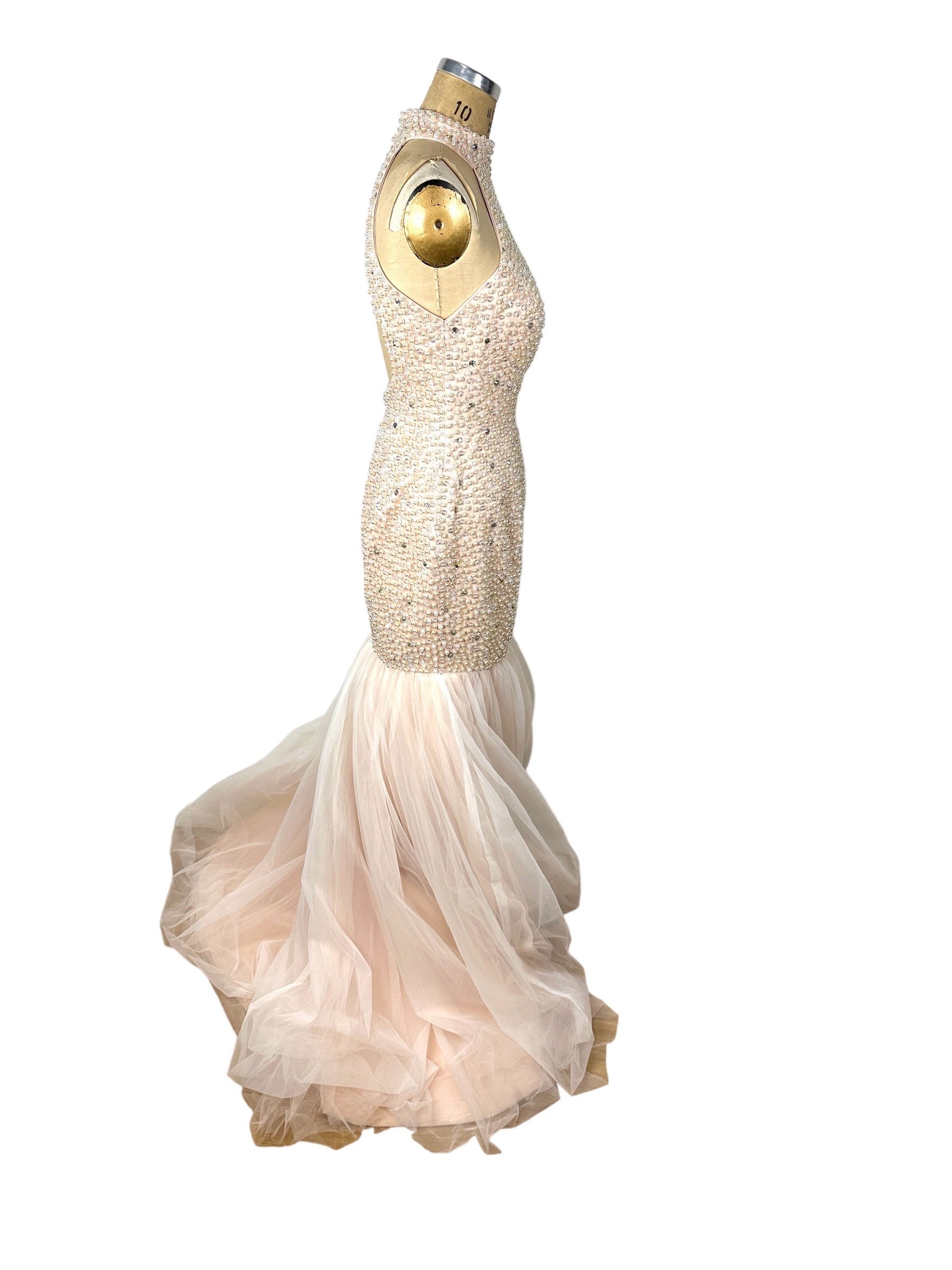 1980s Halter Gown Blush Pink With Pearls and Rhinestones Mermaid Style Size  M/L 