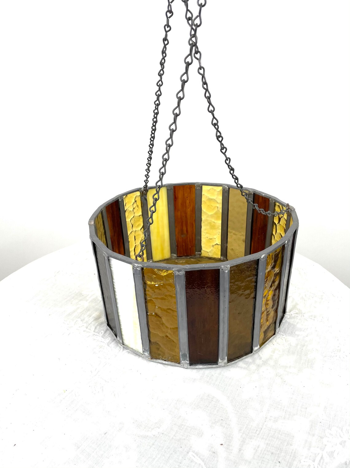 1970s Stained Glass Hanging Candle Holder Gold Brown Round Etsy