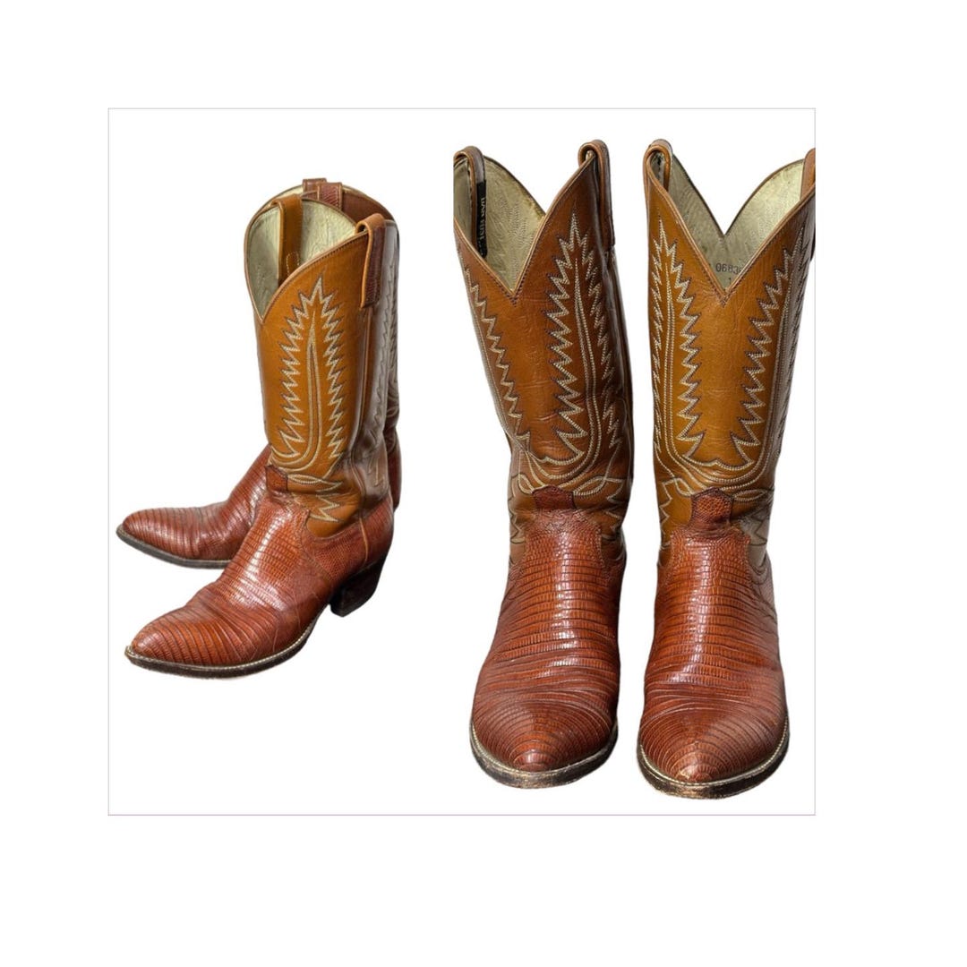 Dan Post Cowboy Boots Teju Lizard and Leather With Flame Stitching Style 6836 Size 8.5 Etsy Canada