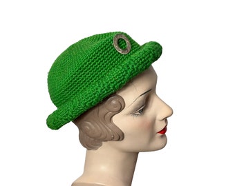 1940s 50s green knit wool beanie hat