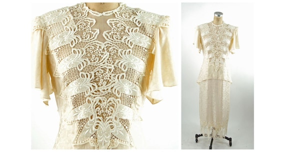 1980s does 1910s ivory silk jacquard dress with l… - image 1