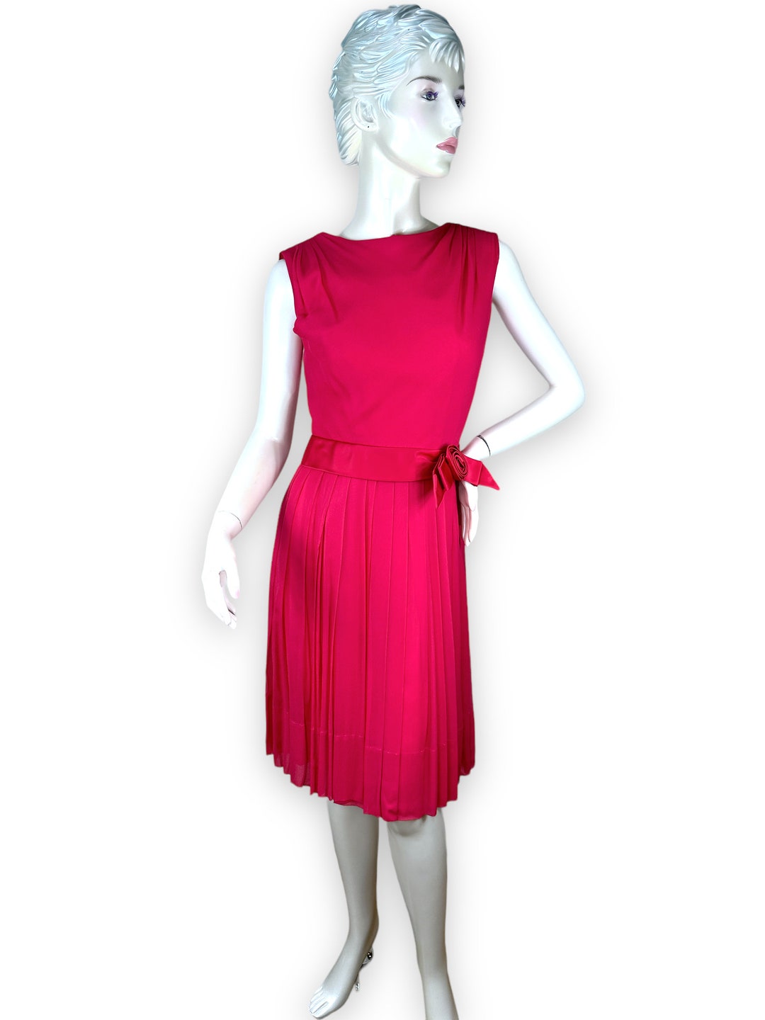 1960s Silk Dress With Pleated Skirt and Satin Rose at Waist