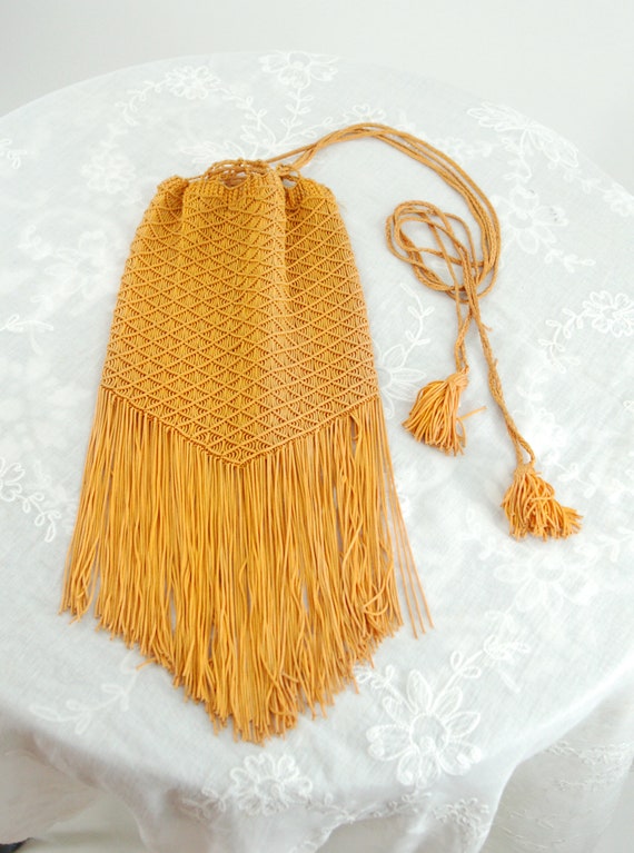 1970s macrame bag pouch bag with fringe orange go… - image 6