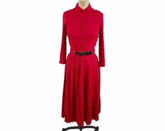 1940s red shirtwaist wool dress with pleated skirt by Jerry Gilden Size M