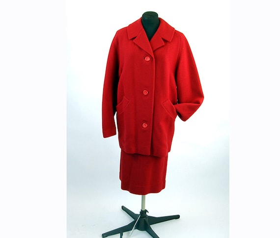 1950s wool suit walking coat skirt red tweed winte