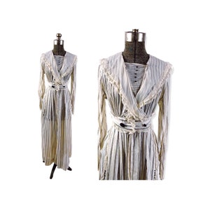 Edwardian 1910s tea dress gray and white striped semi sheer voile with jet buttons Size S/M