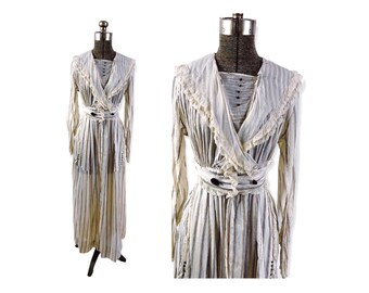Edwardian 1910s tea dress gray and white striped semi sheer voile with jet buttons Size S/M