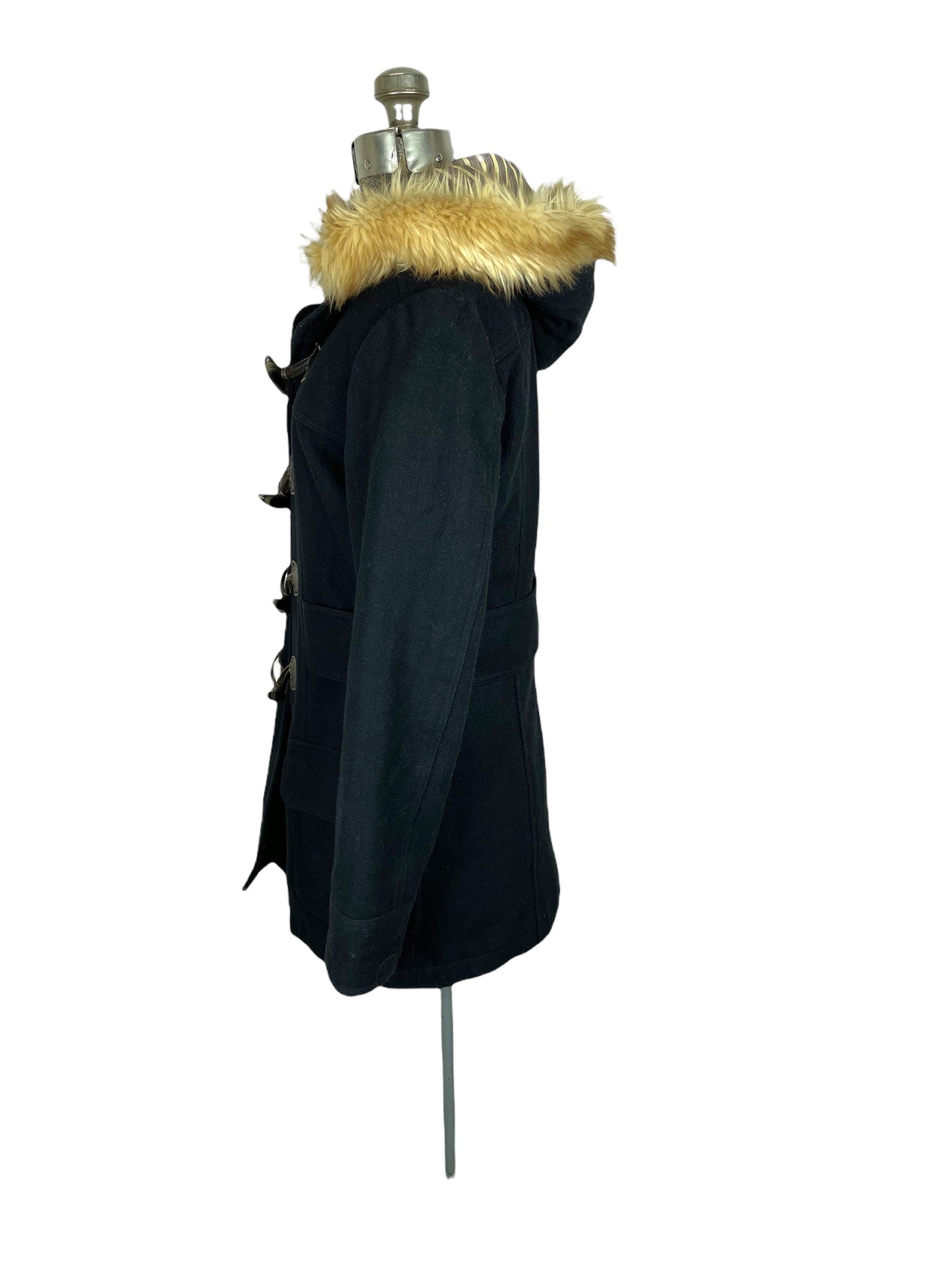 Black Wool Pea Coat With Hood and Wood Buttons Size S/M Etsy