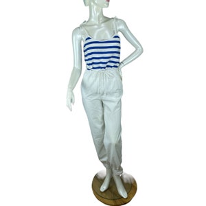 1980s jumpsuit blue white striped cotton with pockets Size S by Auditions