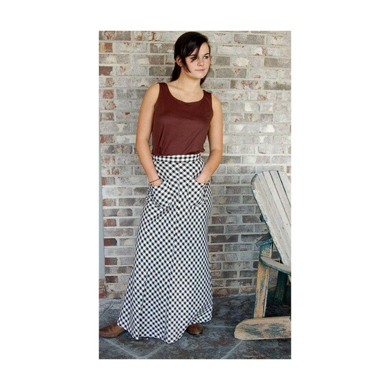 1970s maxi skirt, brown white checks, checkered sk