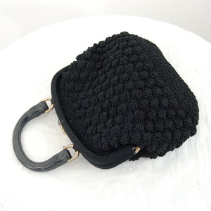 1950s black crocheted handbag by Ritter framed purse plastic faux buckled handle image 1