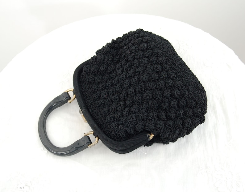 1950s black crocheted handbag by Ritter framed purse plastic faux buckled handle image 1