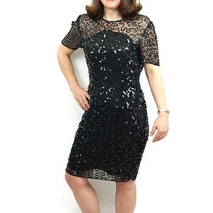 1980s sequin dress, black sequin dress, 80s cocktail dress, Leslie Fay Evenings, Size 8P