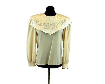 1980s blouse silk satin lace collar back button cape collar Size M